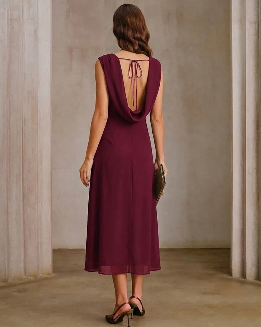 Morgan and Brooke | Wine Red Boat Neck Backless Midi Dress