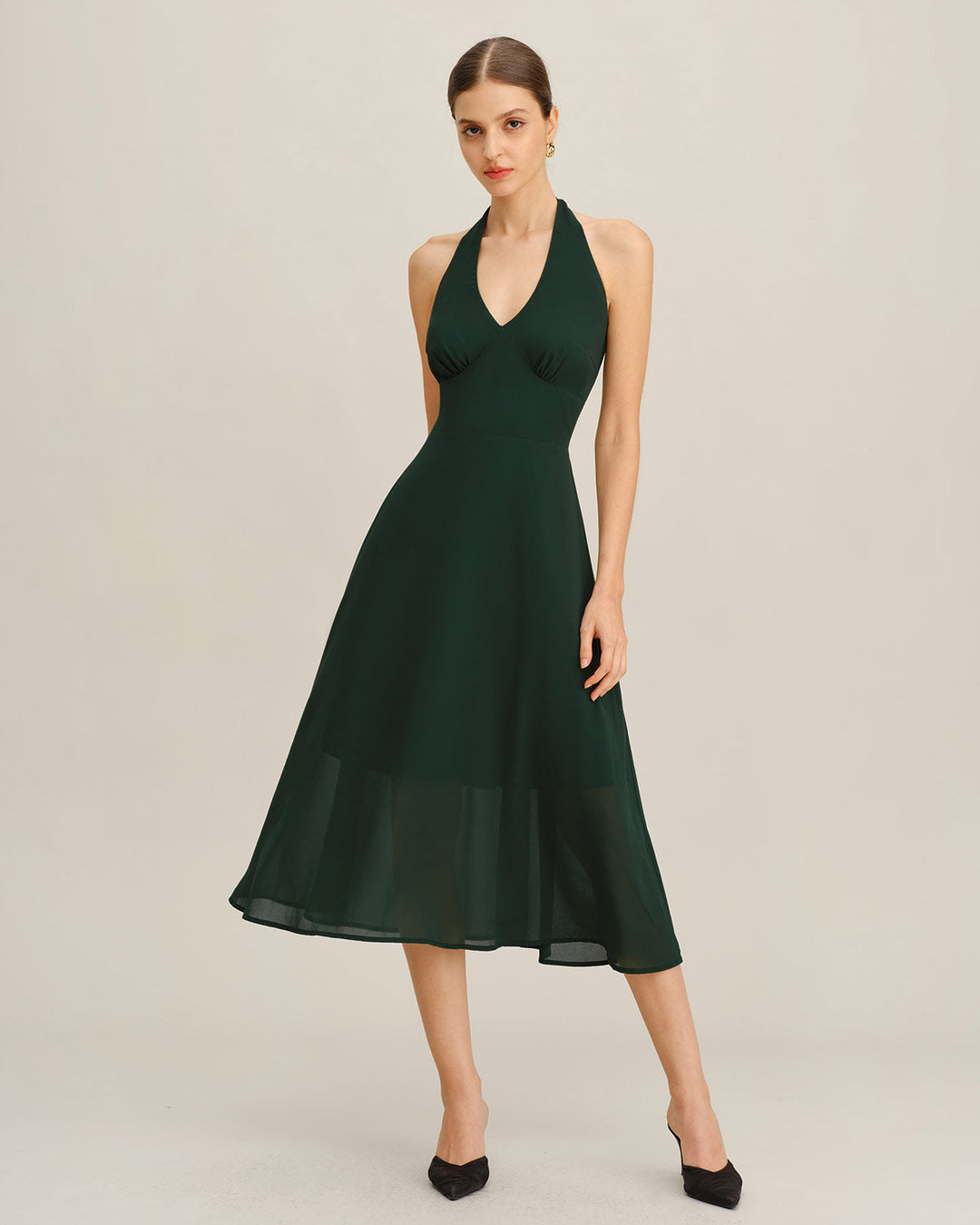 Morgan and Brooke | Chiffon A-Line Halter Midi Dress in Green