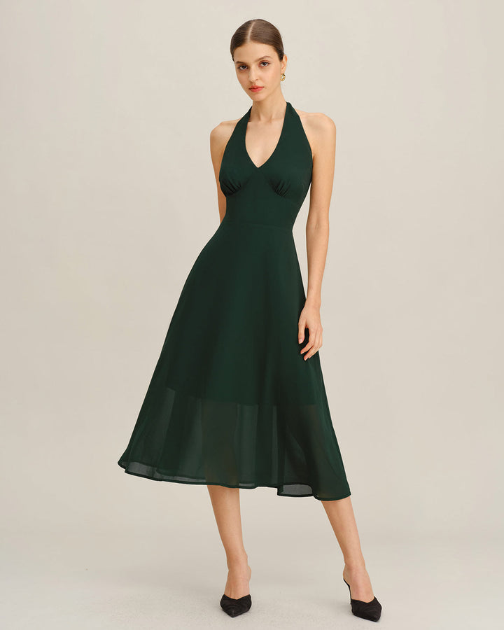 Morgan and Brooke | Chiffon A-Line Halter Midi Dress in Green