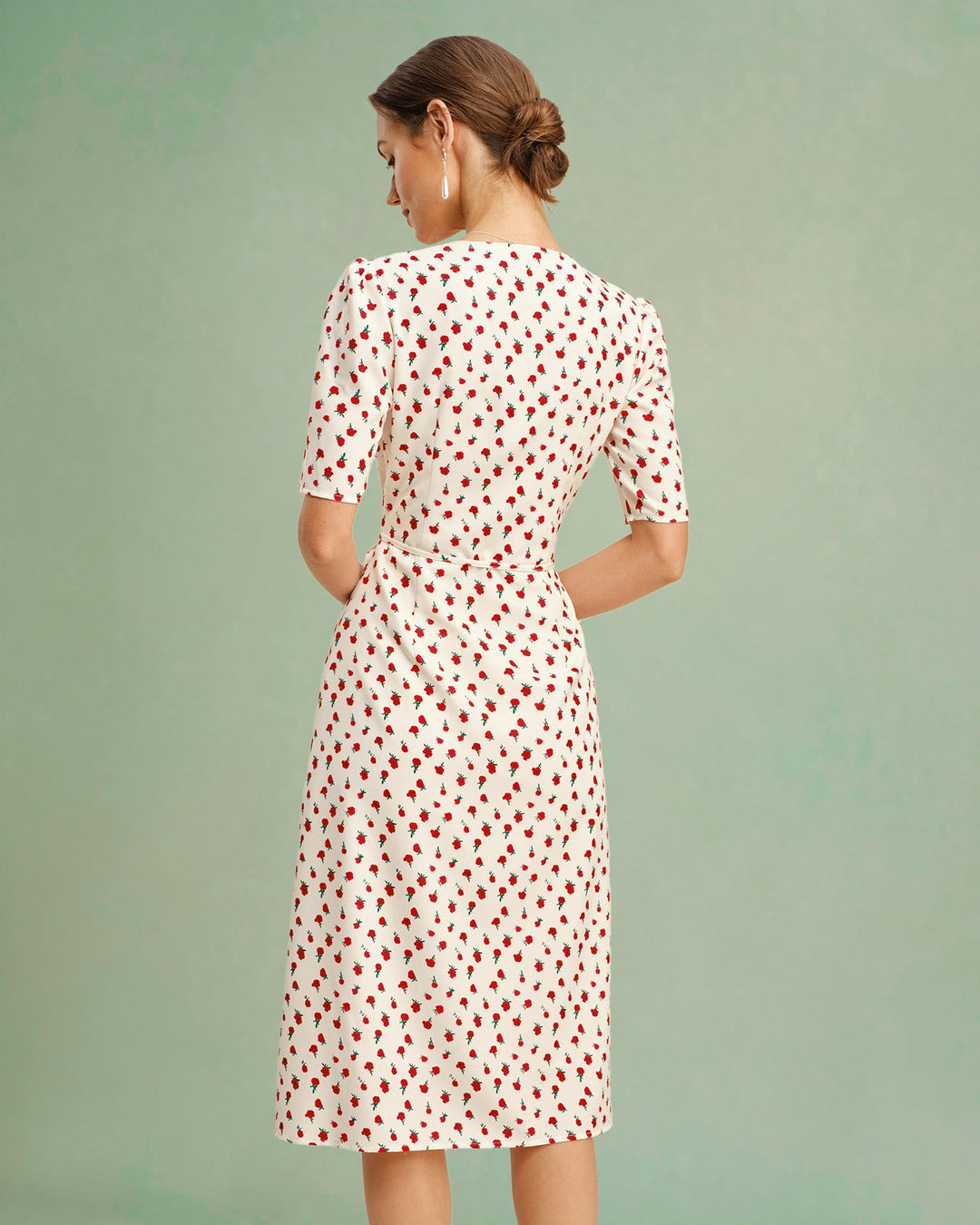 Morgan and Brooke | Floral V Neck Midi Dress for Women in Apricot