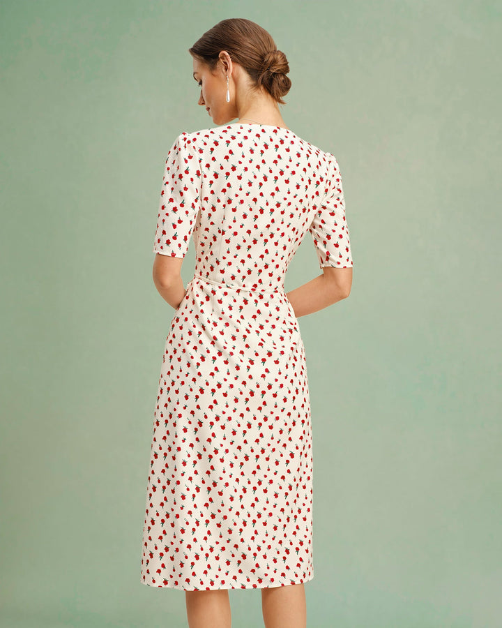 Morgan and Brooke | Floral V Neck Midi Dress for Women in Apricot