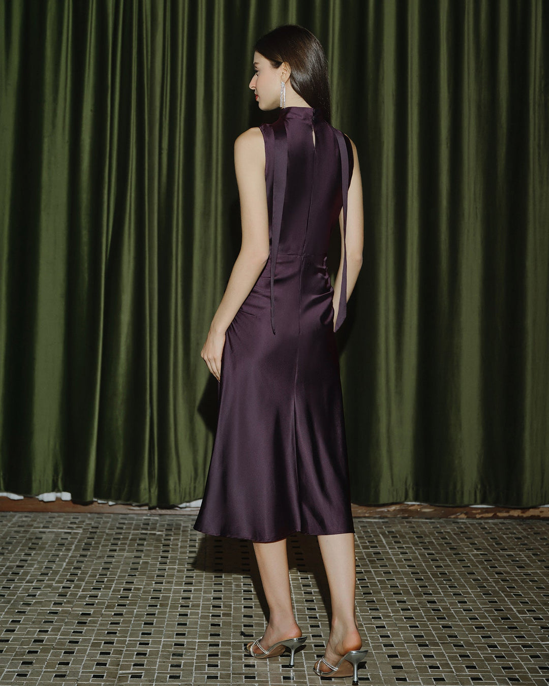Morgan and Brooke | Satin Midi Dress for Women in Purple with Cowl Neck and Mermaid Fit