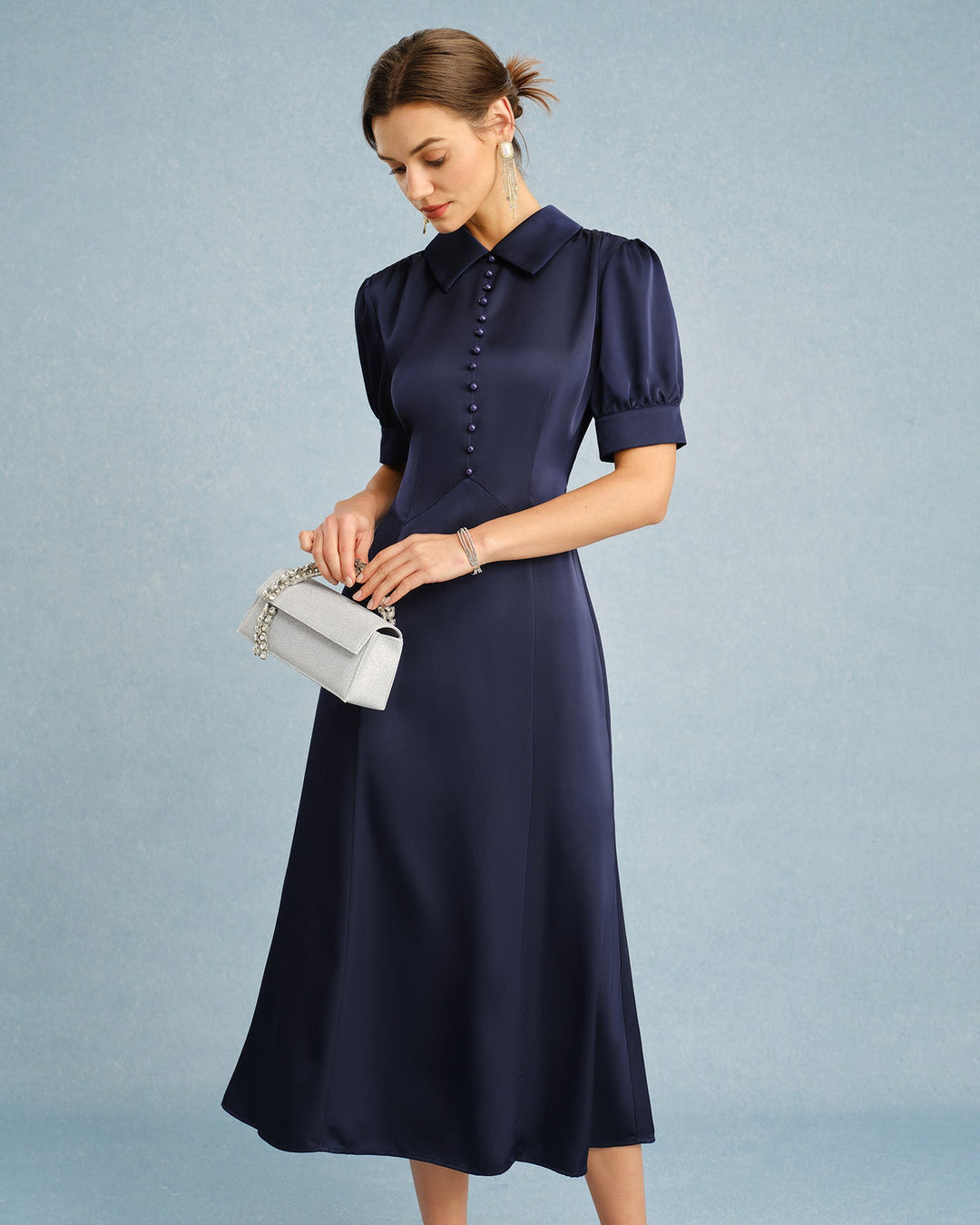 Morgan and Brooke | Satin Midi Dress for Women in Navy with Puffed Sleeves