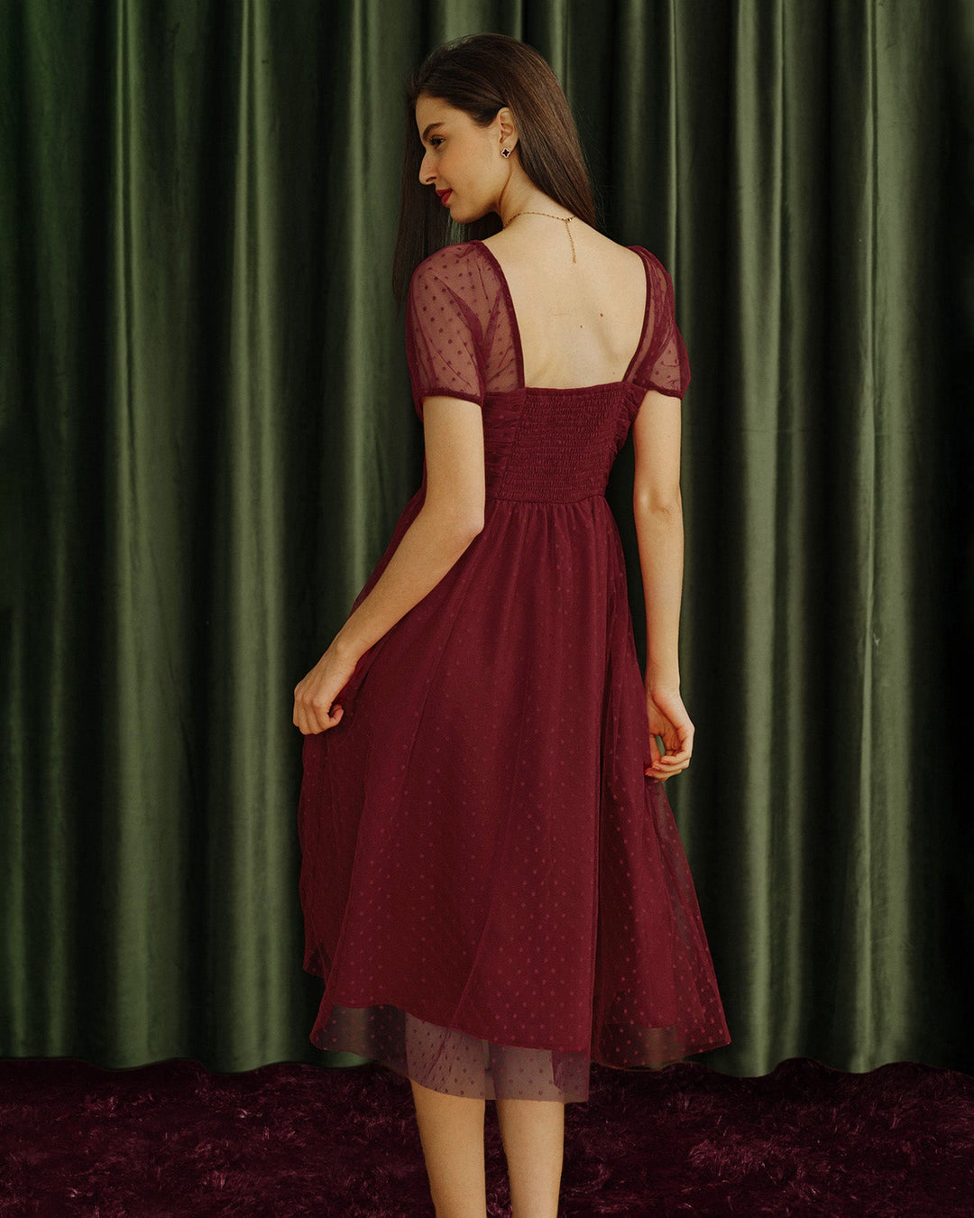 Morgan and Brooke | Sweetheart Neck Polka Dot Midi Dress in Red