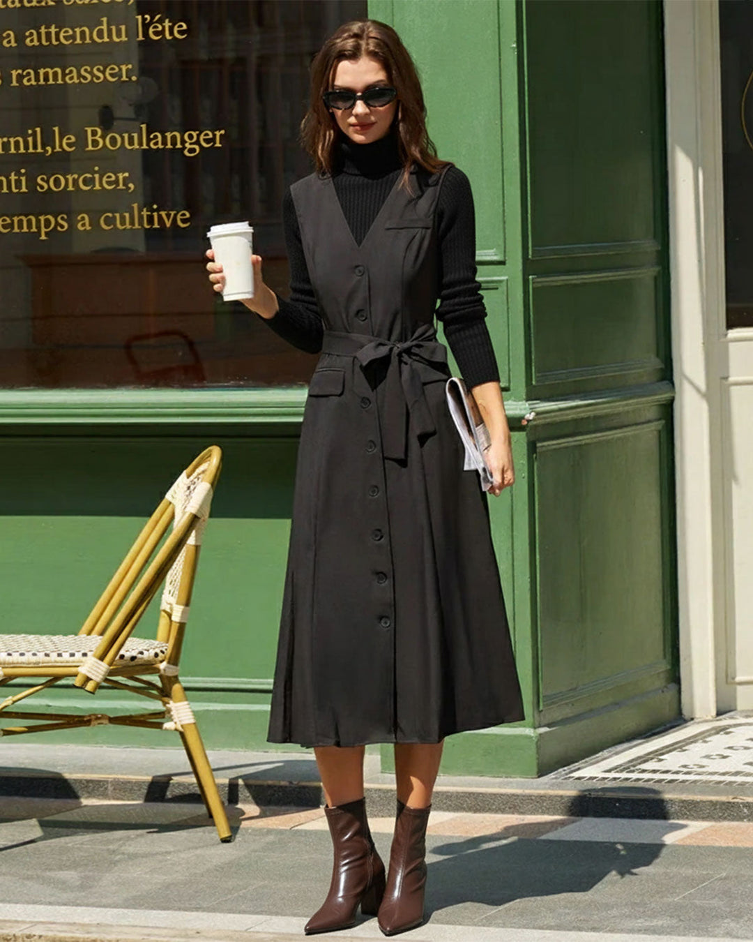 Morgan and Brooke | Black V Neck Belted Sleeveless Midi Dress