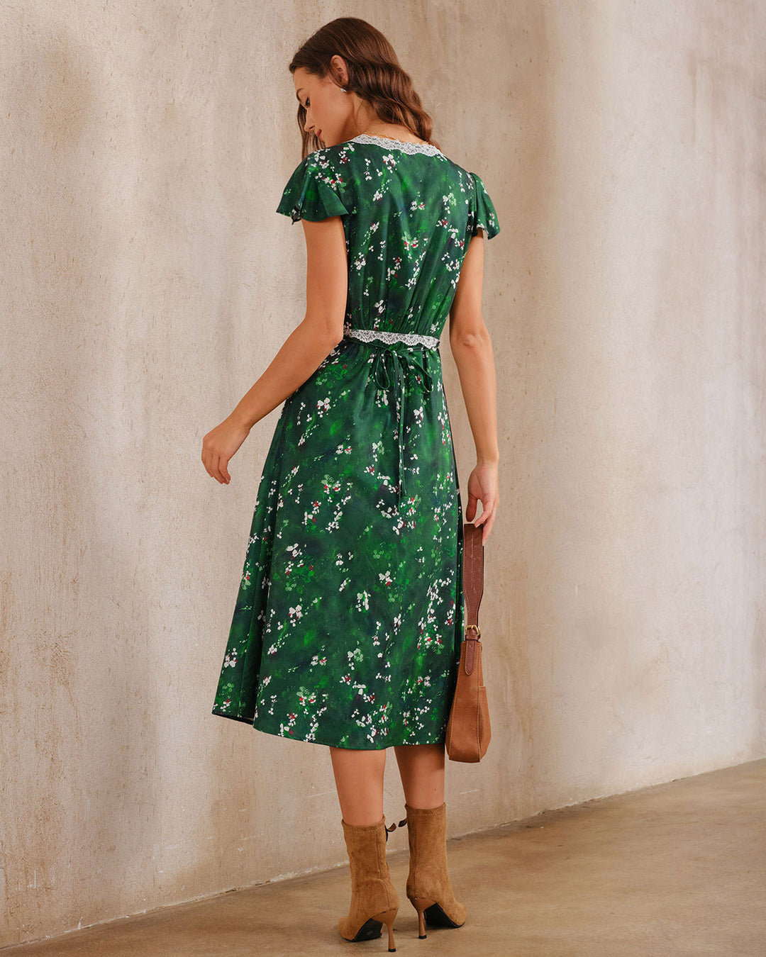 Morgan and Brooke | Floral V Neck Ruched Midi Dress in Green