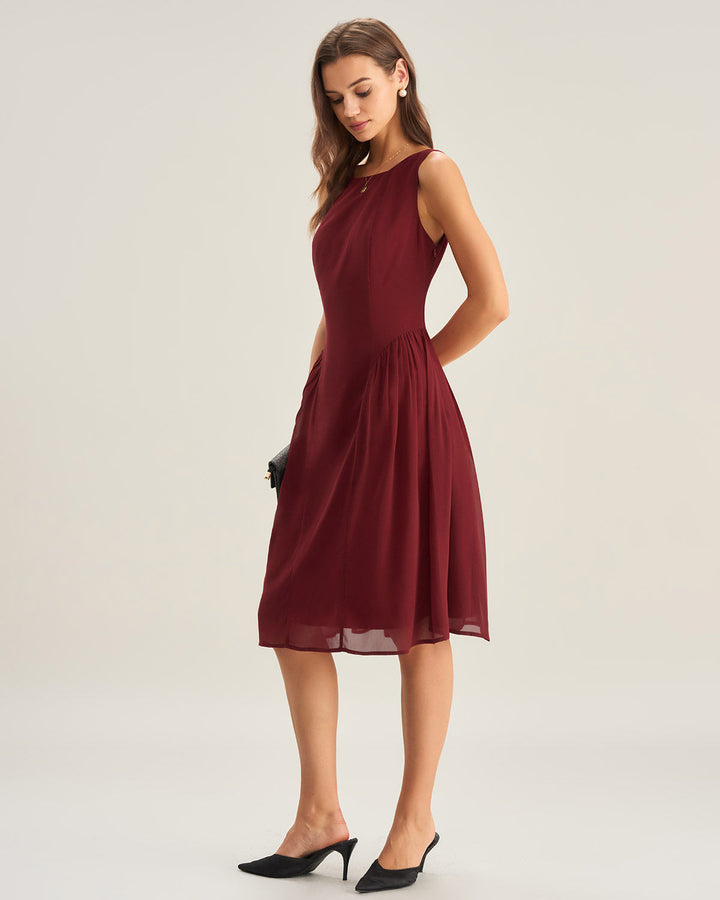 Morgan and Brooke | Chiffon Sleeveless Midi Dress, Wine Red