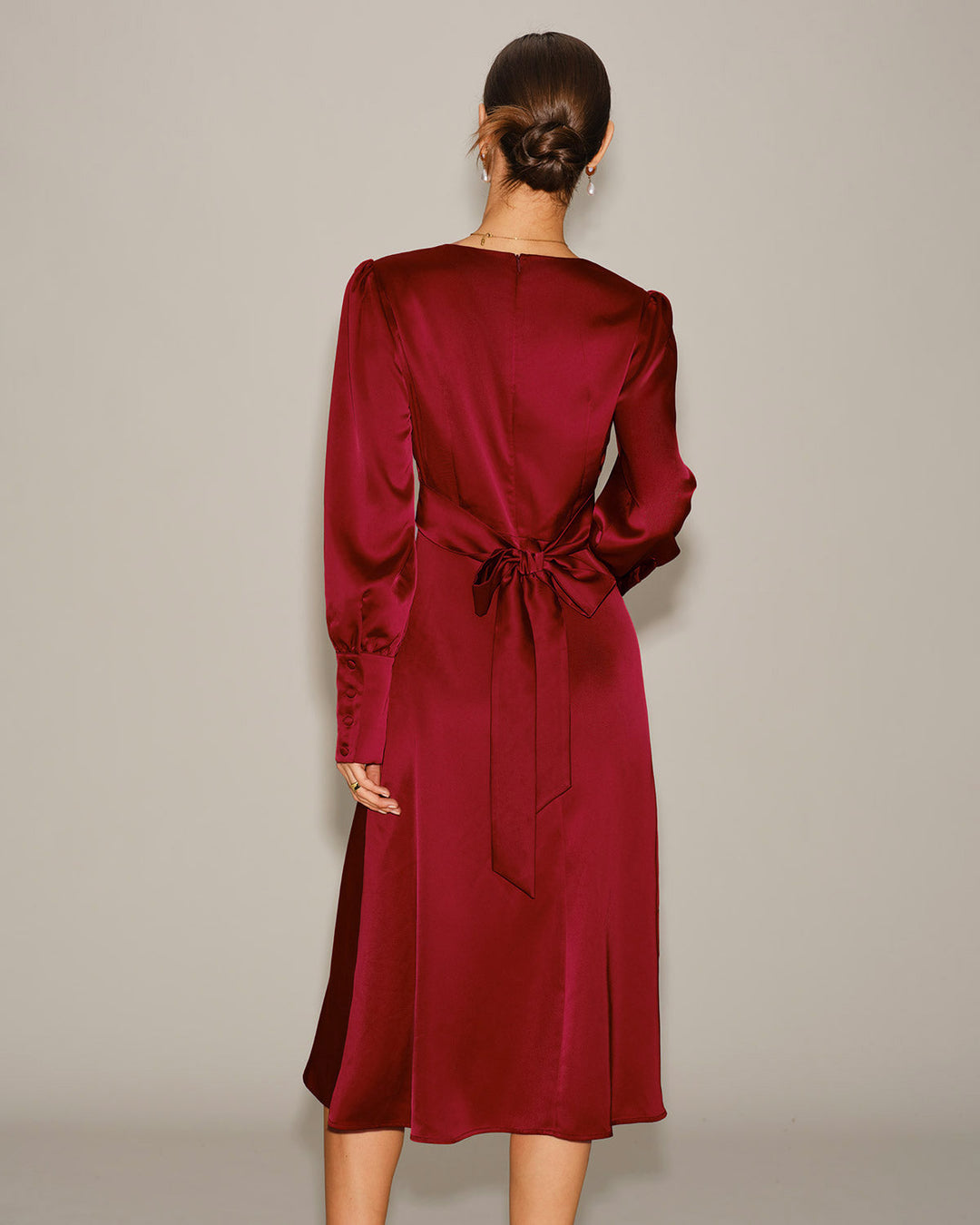 Morgan and Brooke | Satin A-Line Midi Dress for Women in Wine Red
