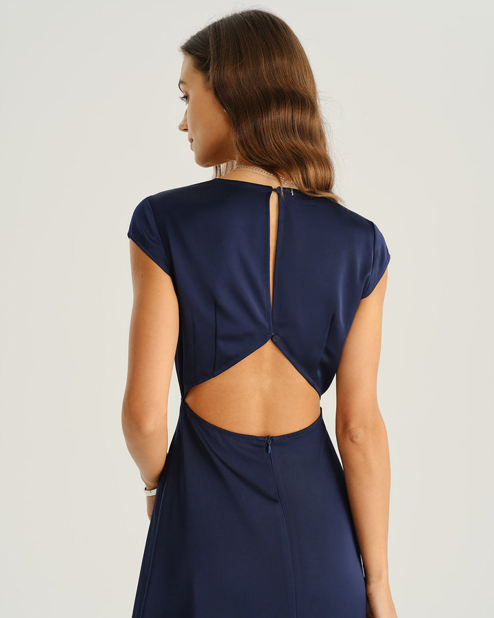 Morgan and Brooke | Navy Satin Midi Dress with Cut Out Slit