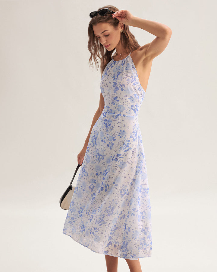 Morgan and Brooke | Floral Halter Midi Dress in Blue