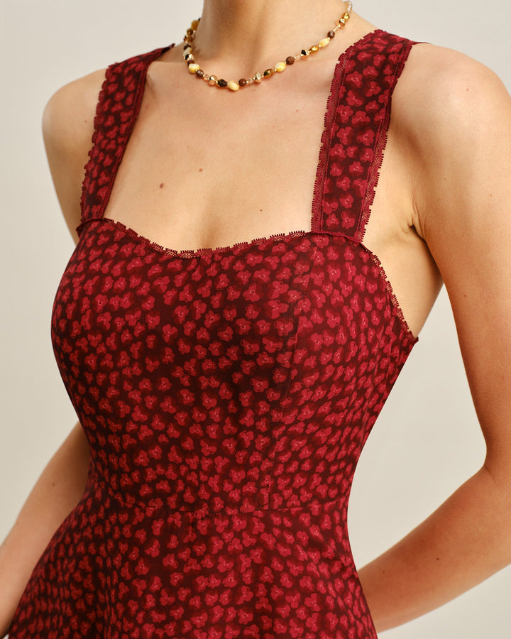 Morgan and Brooke | Floral Midi Dress for Women in Red with Sweetheart Neck