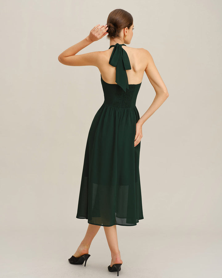 Morgan and Brooke | Chiffon A-Line Halter Midi Dress in Green