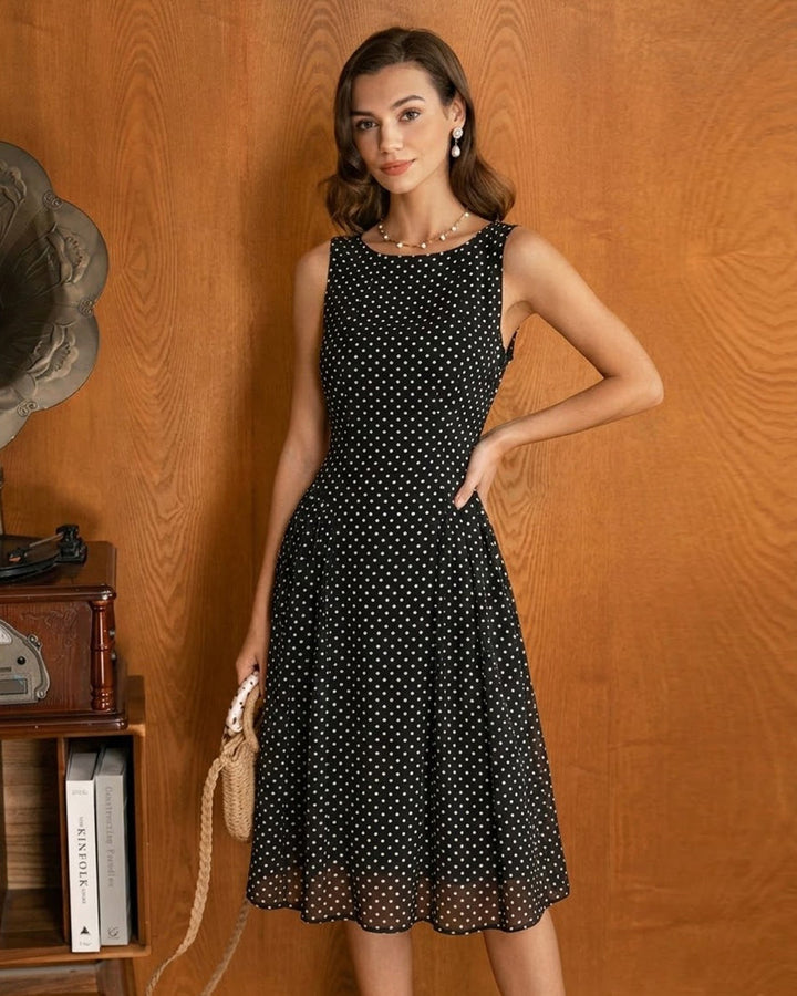 Morgan and Brooke | Chiffon Midi Dress for Women in Black Polka Dot