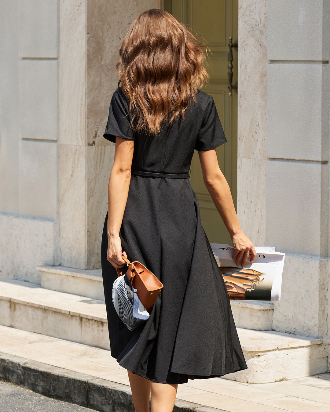 Morgan and Brooke | A-Line Belted Midi Dress for Women in Black