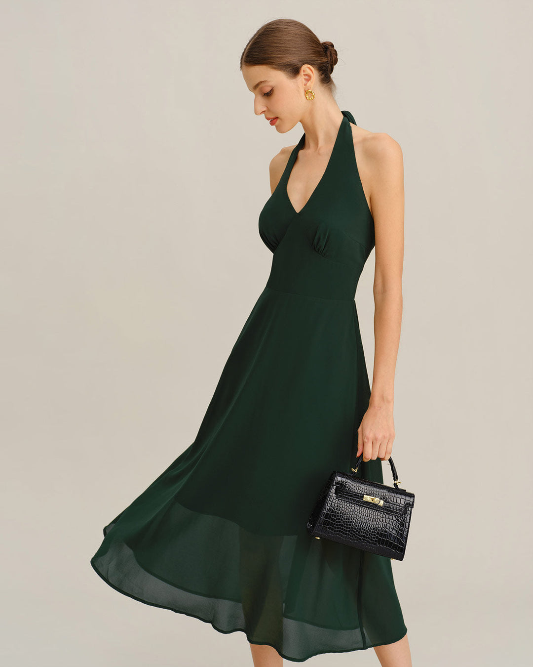 Morgan and Brooke | Chiffon A-Line Halter Midi Dress in Green