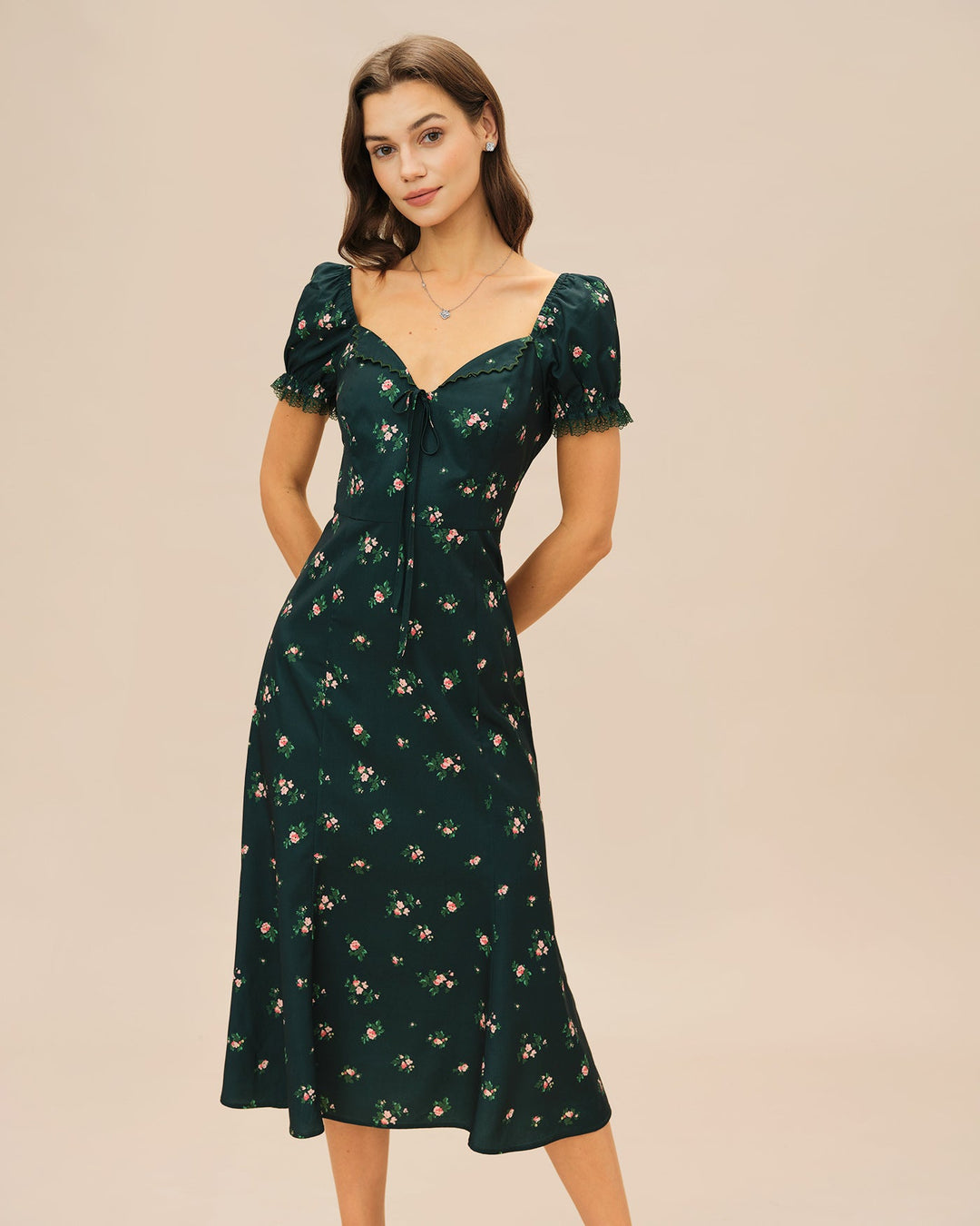 Morgan and Brooke | Floral Midi Dress for Women in Green with Puffed Sleeves