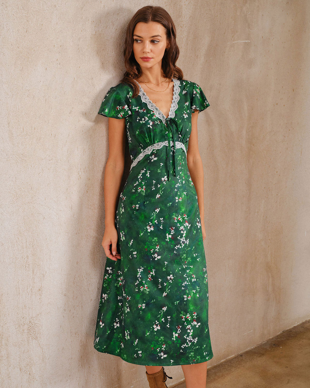 Morgan and Brooke | Floral V Neck Ruched Midi Dress in Green