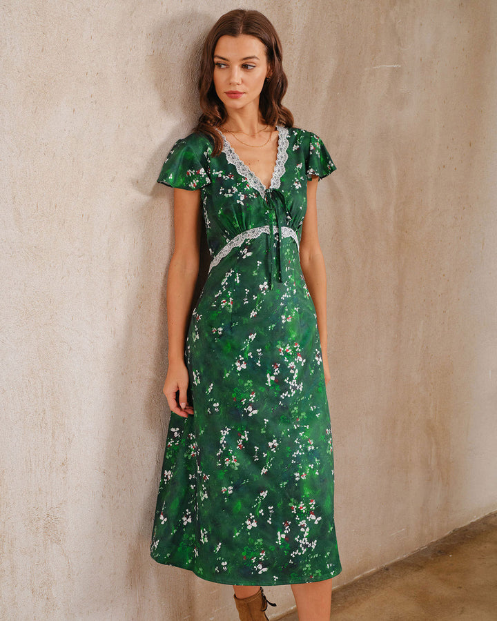 Morgan and Brooke | Floral V Neck Ruched Midi Dress in Green