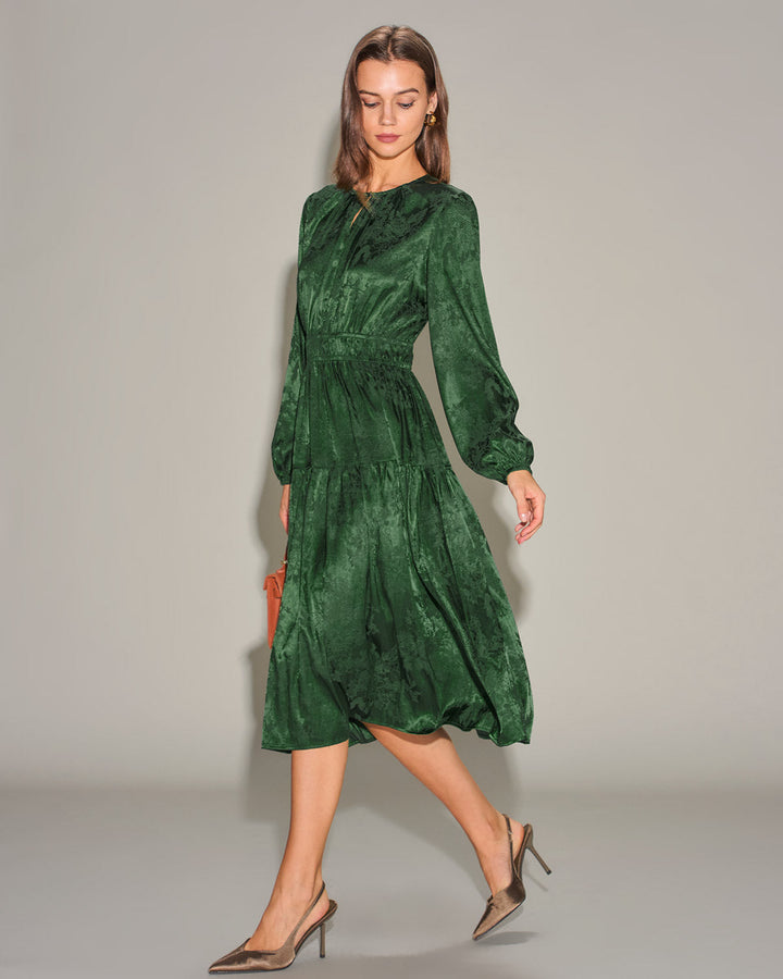 Morgan and Brooke | Jacquard Lantern Sleeve Midi Dress for Women in Green