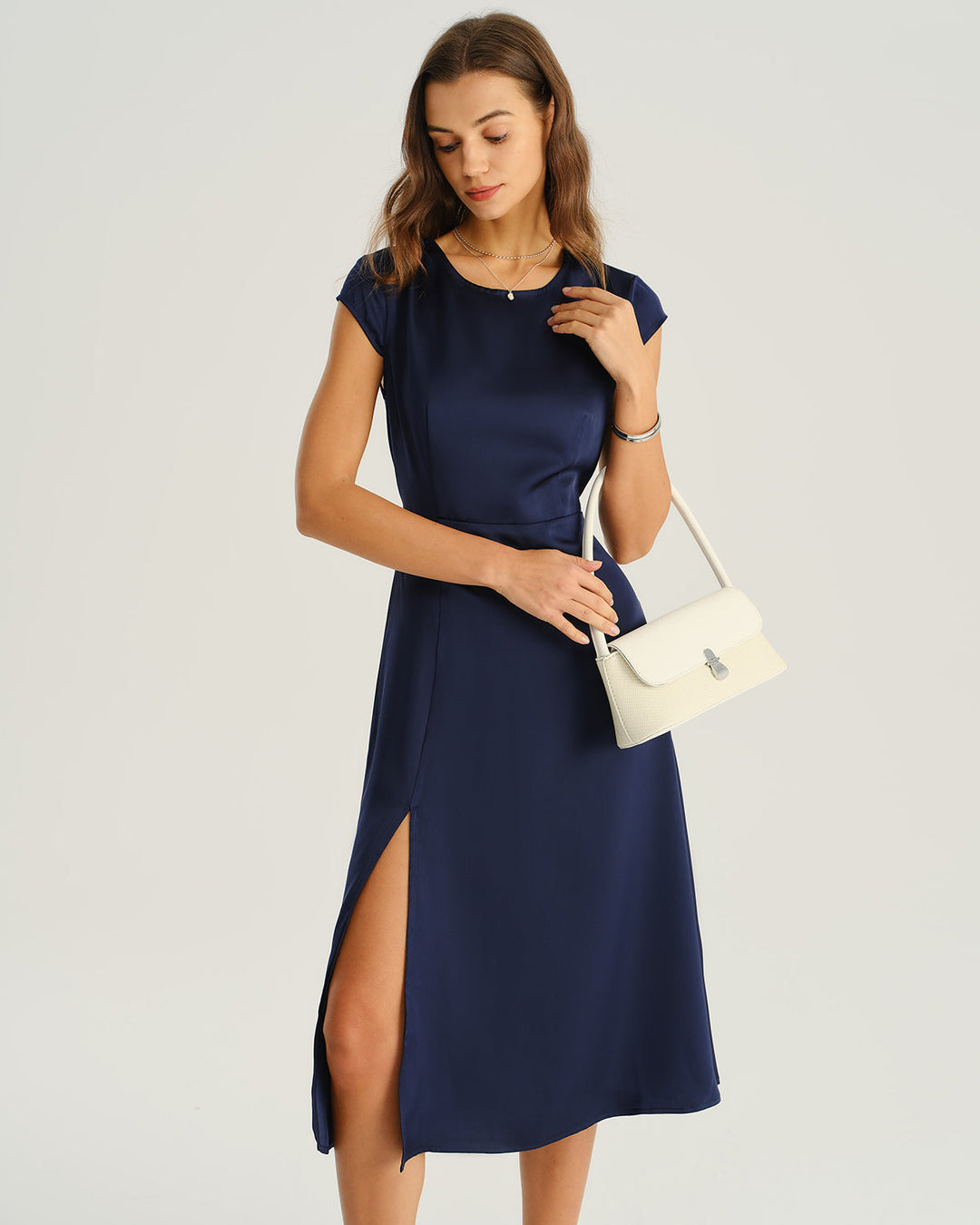 Morgan and Brooke | Navy Satin Midi Dress with Cut Out Slit