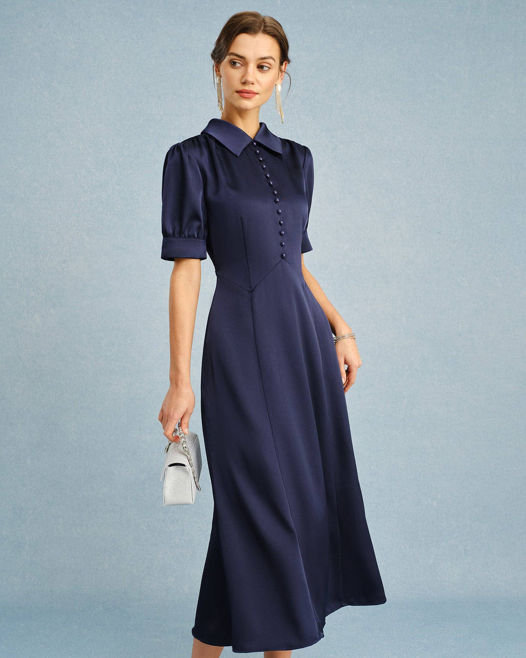 Morgan and Brooke | Satin Midi Dress for Women in Navy with Puffed Sleeves
