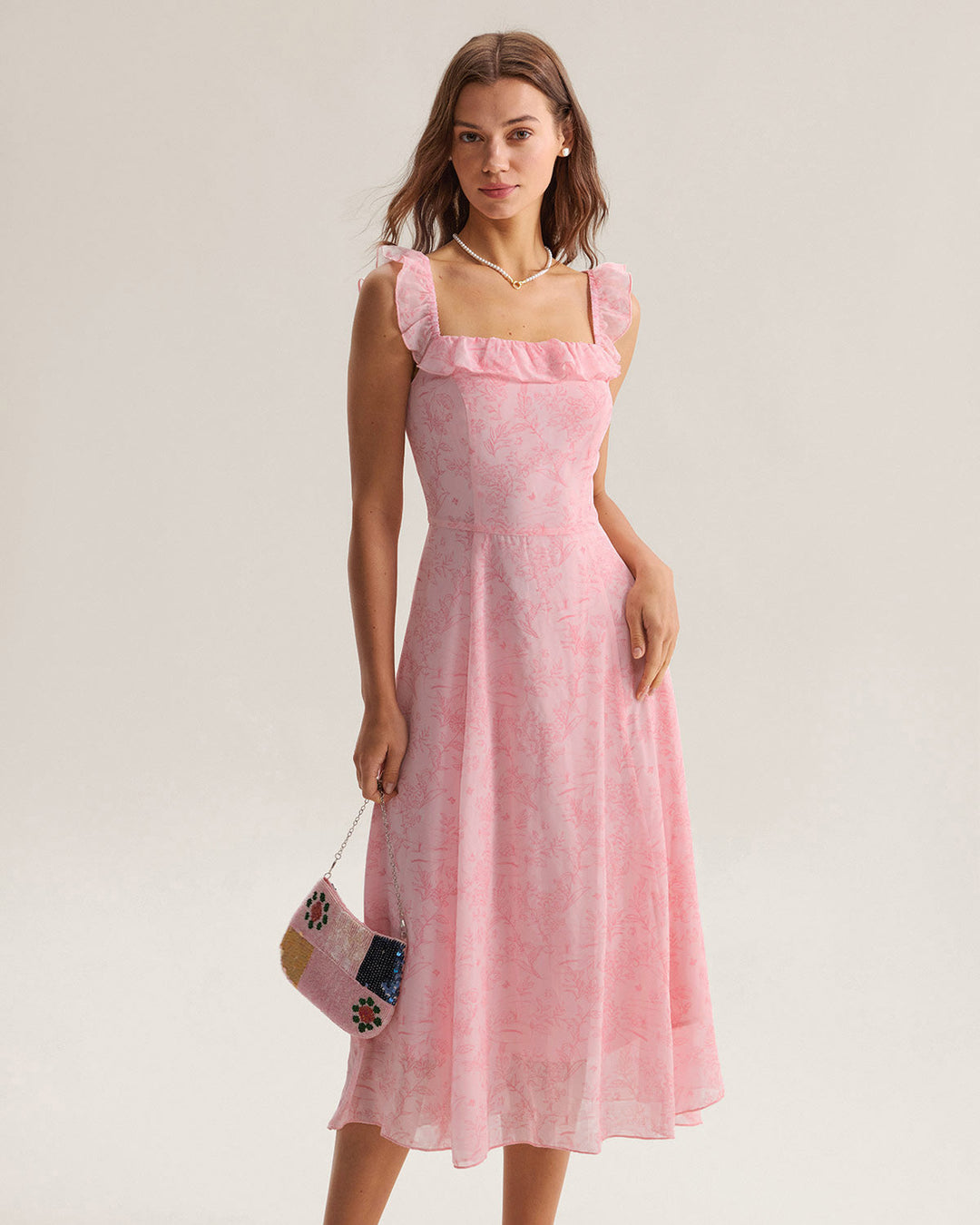 Morgan and Brooke | Square Neck Ruffle Midi Dress in Pink