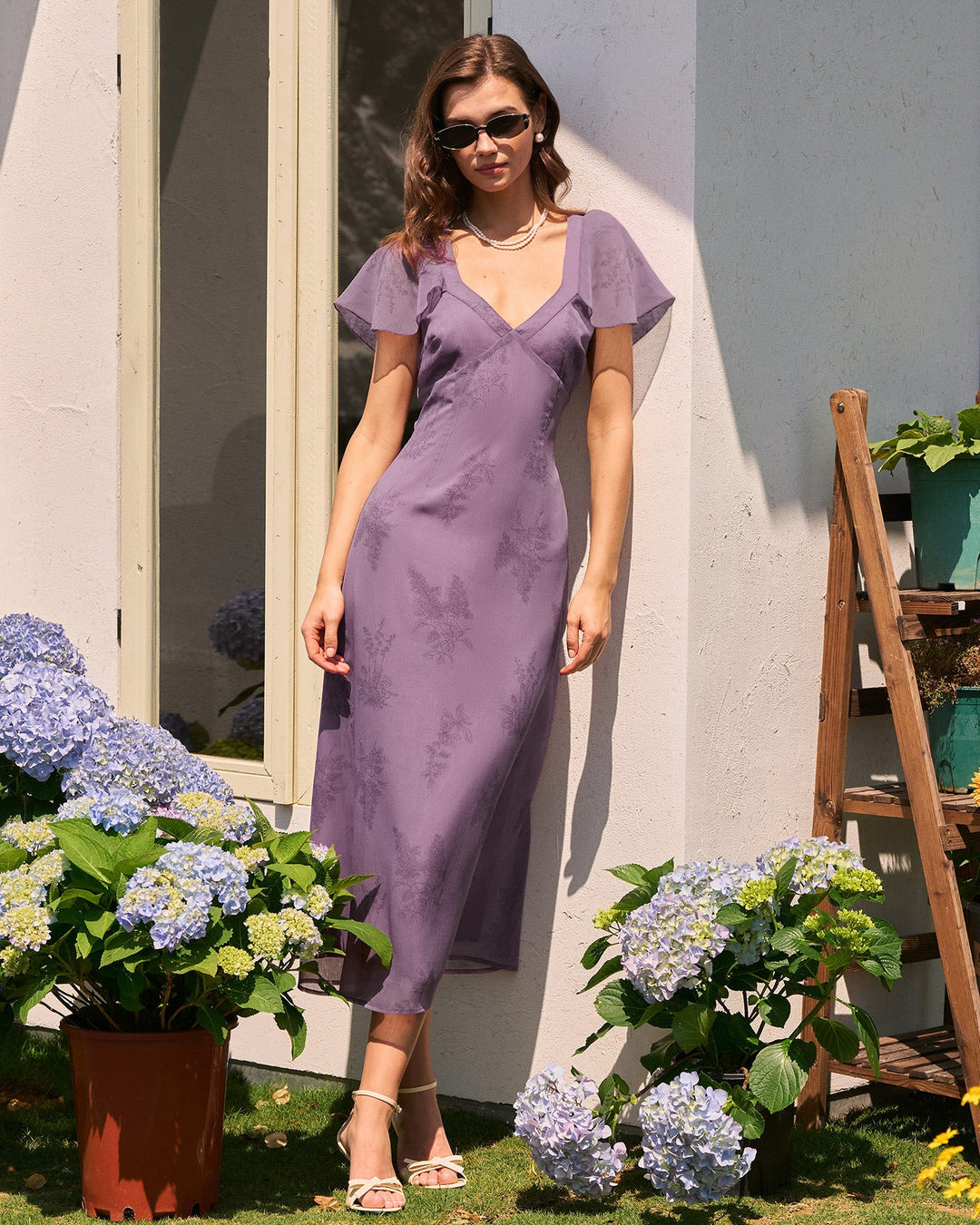 Morgan and Brooke | Floral Midi Dress for Women in Purple with V Neck and Butterfly Sleeves