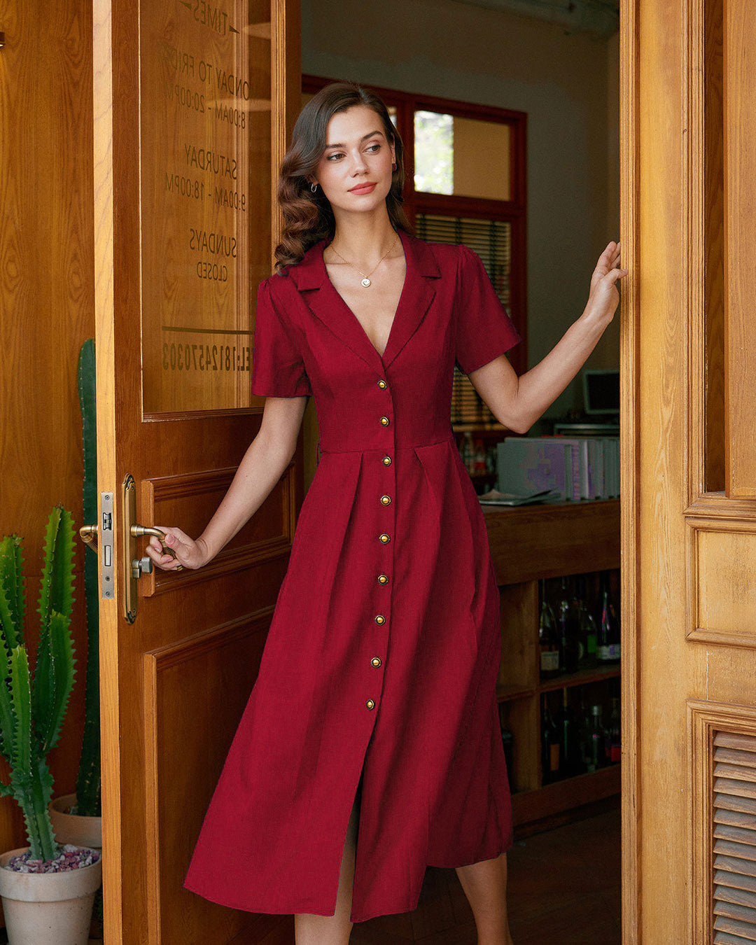 Morgan and Brooke | A-Line Pleated Button Midi Dress for Women in Red