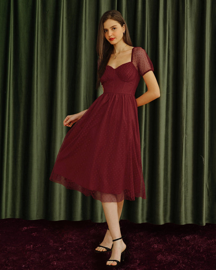 Morgan and Brooke | Sweetheart Neck Polka Dot Midi Dress in Red