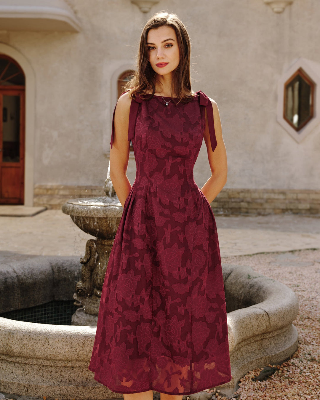 Morgan and Brooke | Jacquard Chiffon Midi Dress for Women in Red
