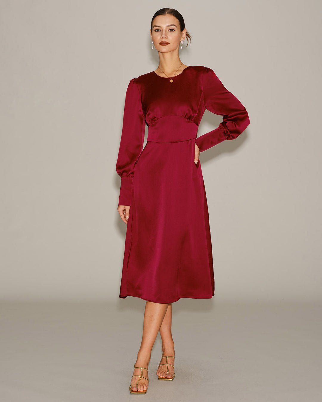 Morgan and Brooke | Satin A-Line Midi Dress for Women in Wine Red