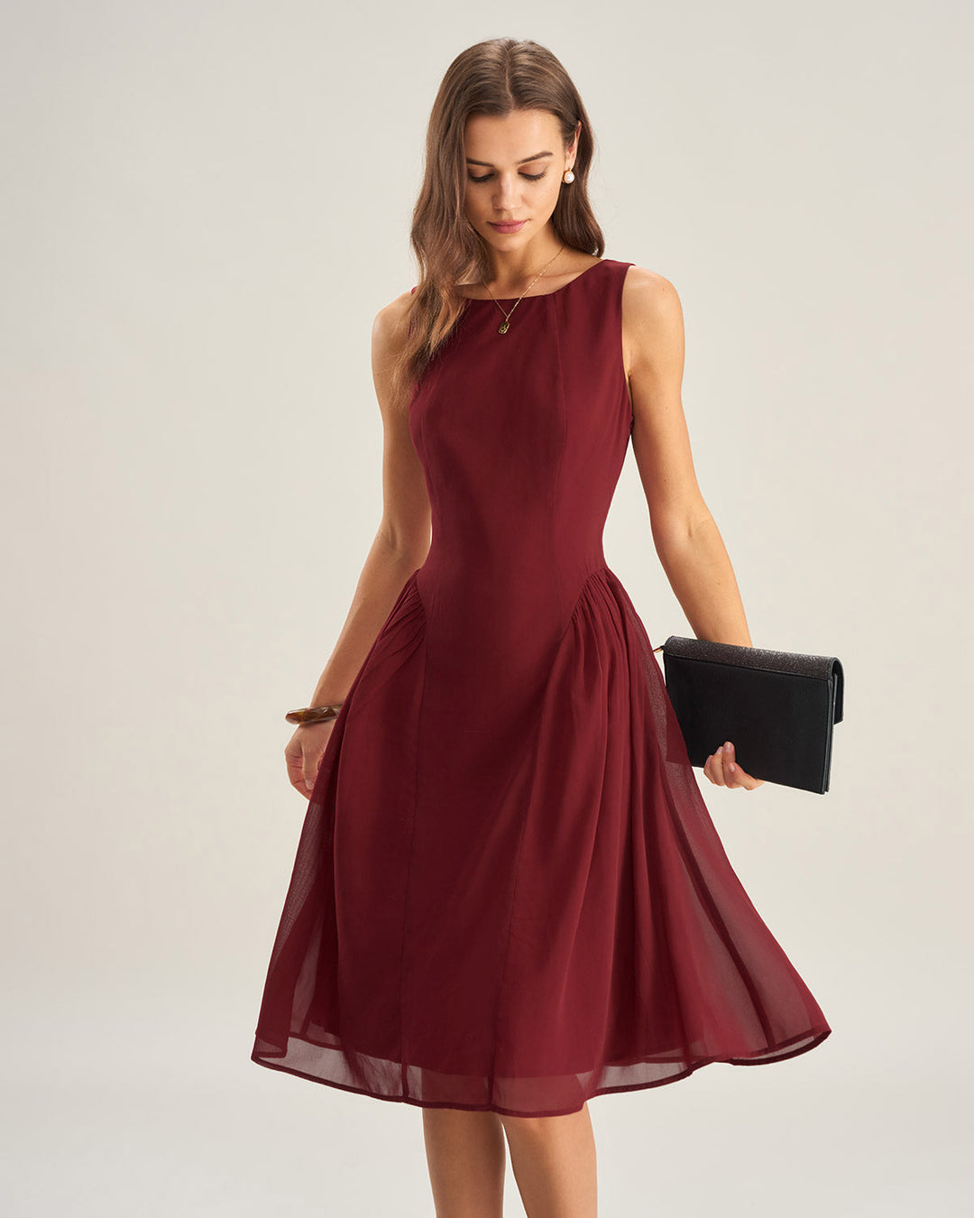 Morgan and Brooke | Chiffon Sleeveless Midi Dress in Wine Red
