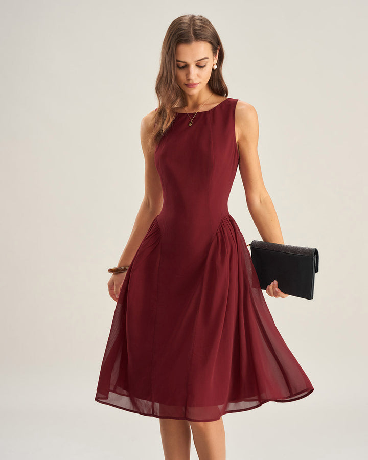 Morgan and Brooke | Chiffon Sleeveless Midi Dress, Wine Red
