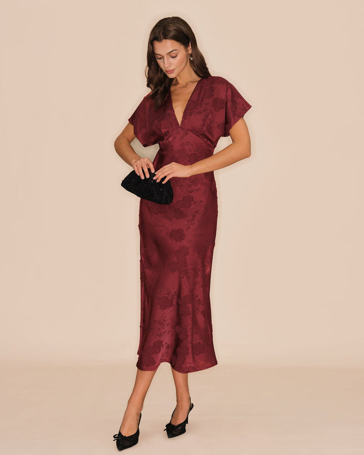 Morgan and Brooke | V Neck Jacquard Midi Dress in Wine Red