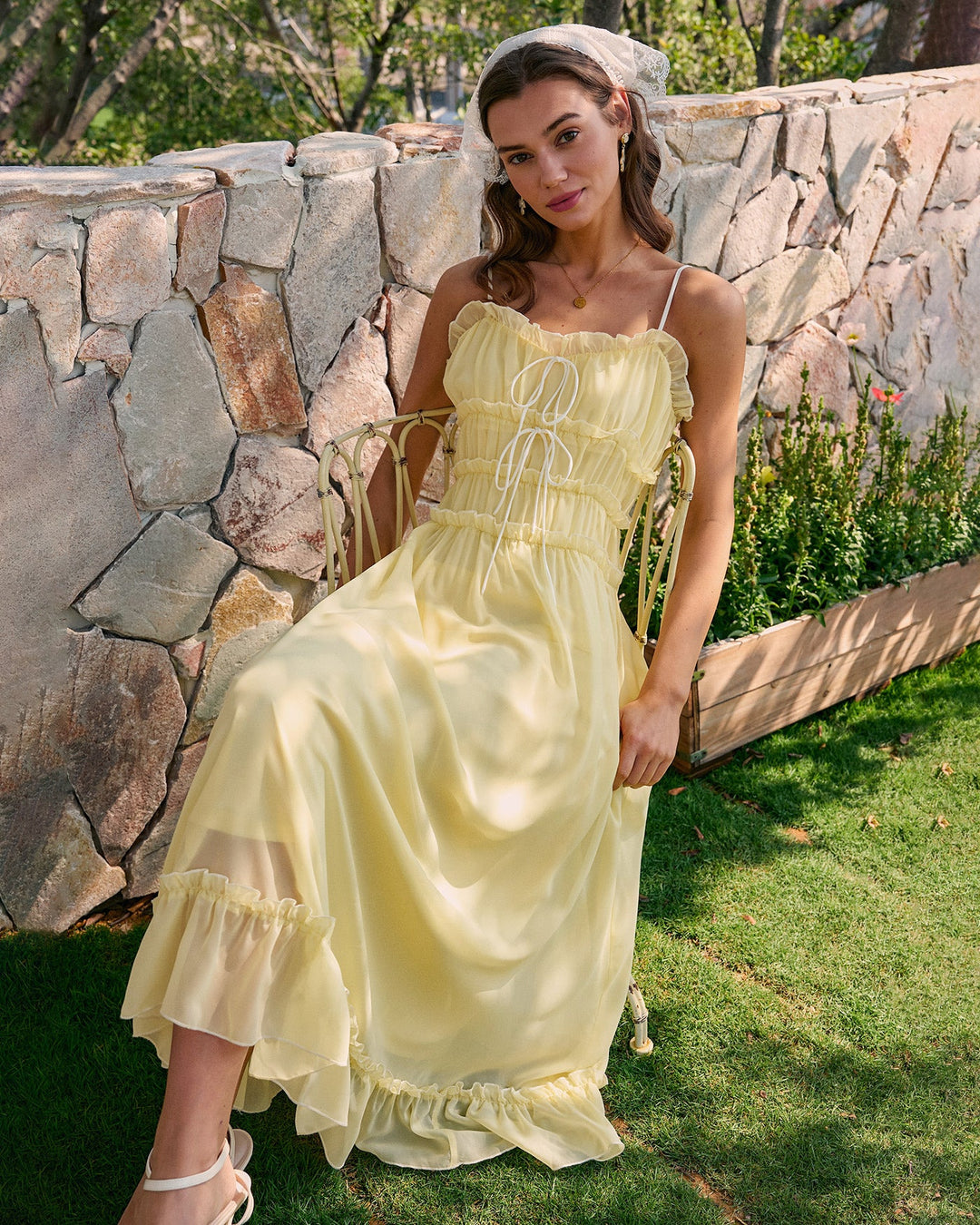 Morgan and Brooke | Yellow Sweetheart Neck Ruffle Midi Dress