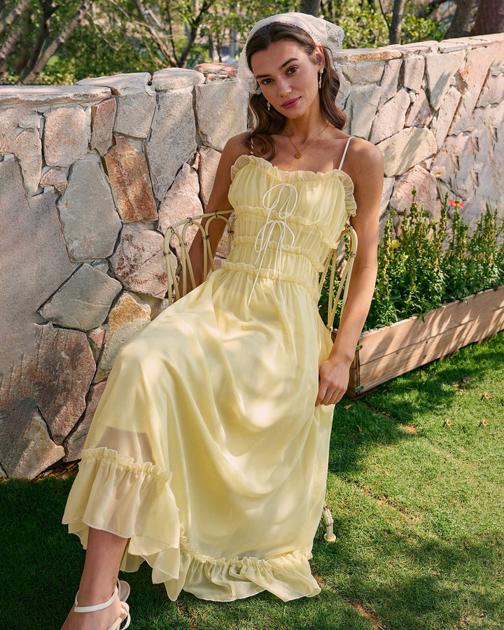 Morgan and Brooke | Yellow Sweetheart Neck Ruffle Midi Dress