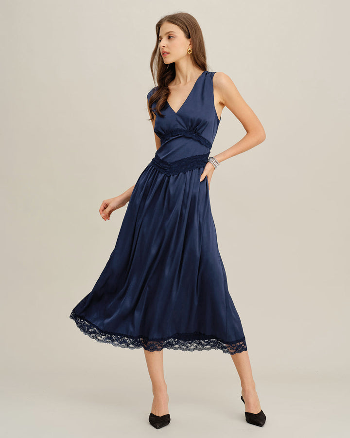 Morgan and Brooke | V Neck A-Line Sleeveless Midi Dress, Blue