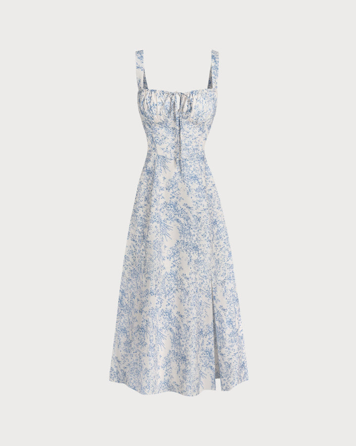 Morgan and Brooke | Floral Ruched Slip Midi Dress for Women in Blue