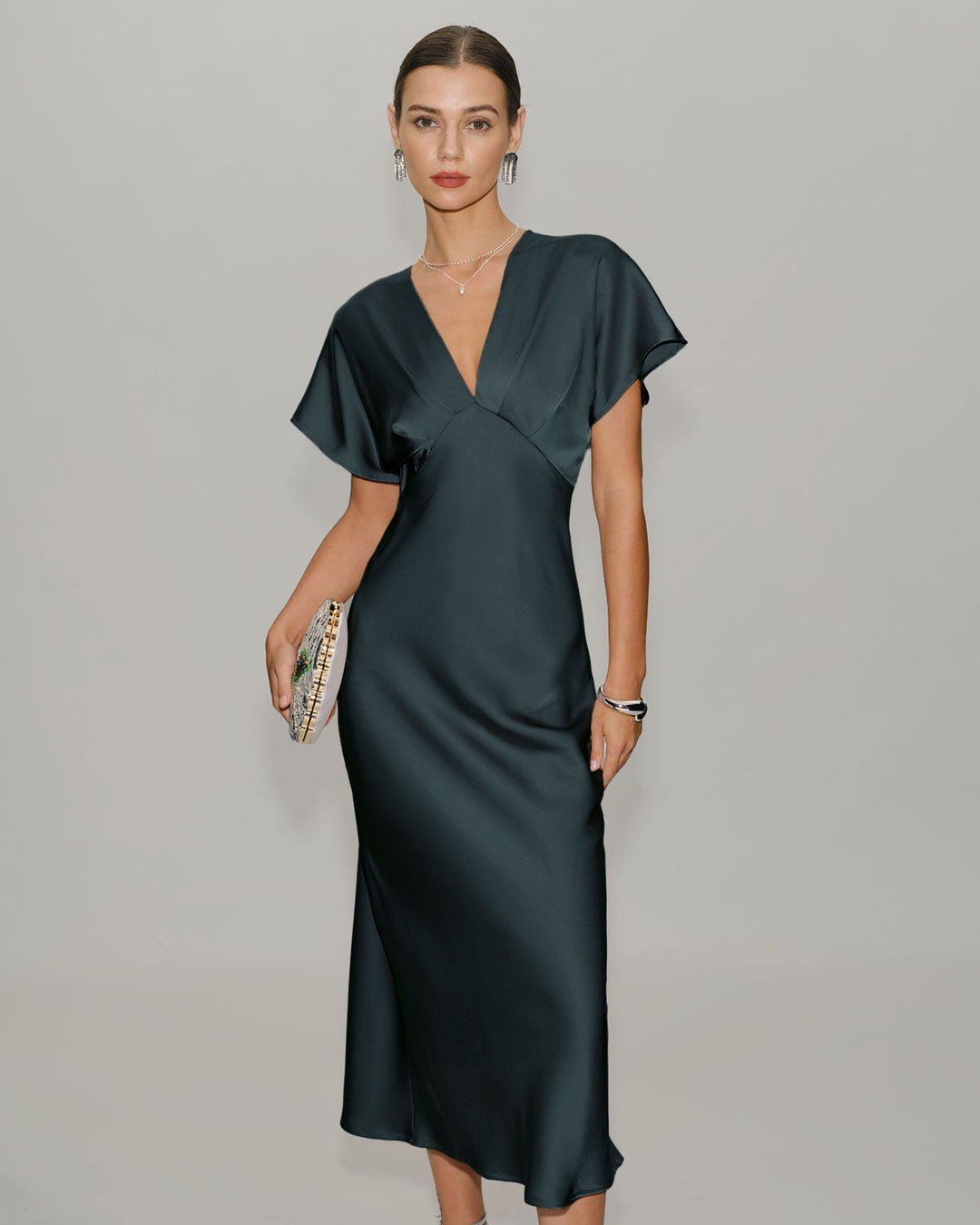 Morgan and Brooke | Satin Cowl Sleeve Midi Dress in Grey Green