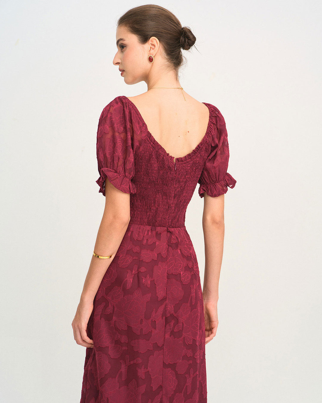 Morgan and Brooke | Wine Red Jacquard Slit Midi Dress