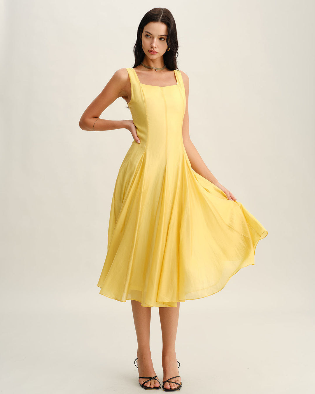 Morgan and Brooke | Yellow Square Neck Pleated Midi Dress