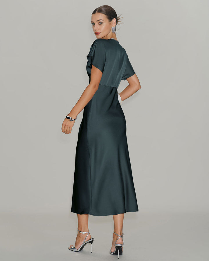 Morgan and Brooke | Satin Cowl Sleeve Midi Dress in Grey Green