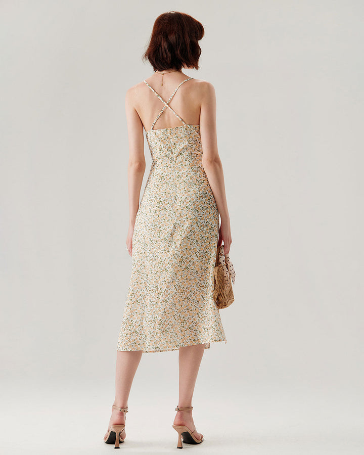 Morgan and Brooke | Floral Ruched Slip Midi Dress for Women in Yellow
