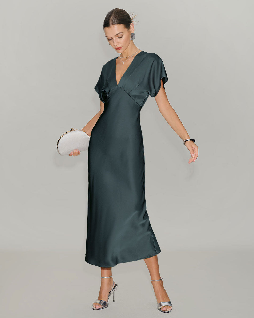 Morgan and Brooke | Satin Cowl Sleeve Midi Dress in Grey Green