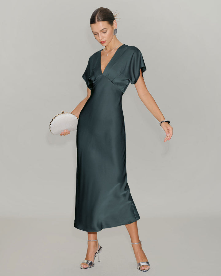 Morgan and Brooke | Satin Cowl Sleeve Midi Dress in Grey Green