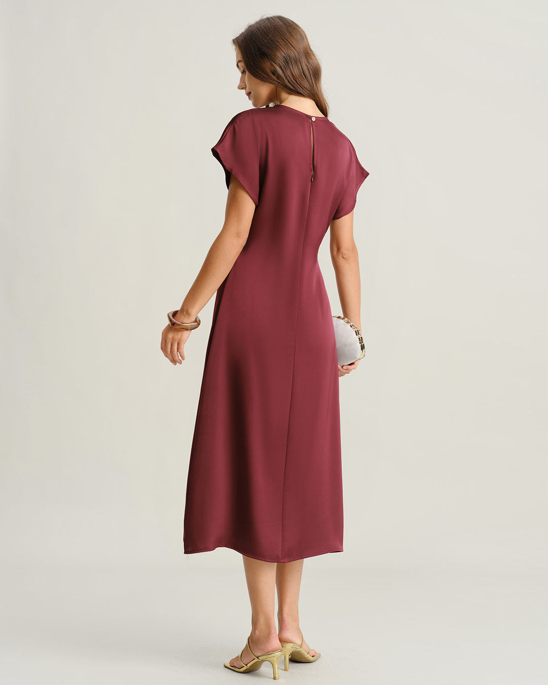 Morgan and Brooke | Satin Cowl Sleeve A-Line Midi Dress in Red