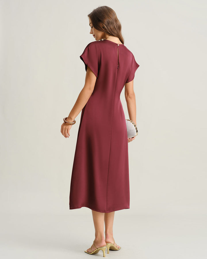 Morgan and Brooke | Satin Cowl Sleeve A-Line Midi Dress in Red