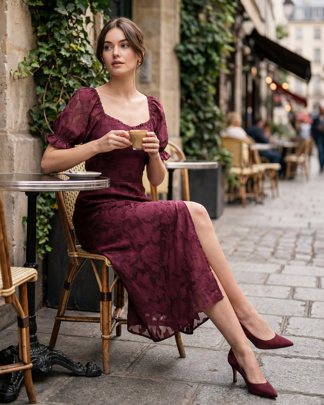 Morgan and Brooke | Wine Red Jacquard Slit Midi Dress