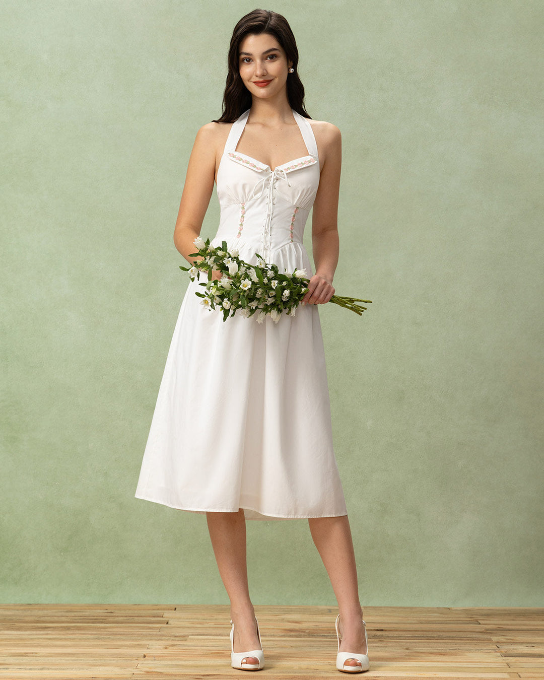 Morgan and Brooke | White Embroidered A-Line Halter Midi Dress