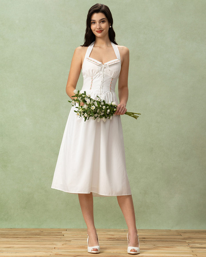 Morgan and Brooke | White Embroidered A-Line Halter Midi Dress